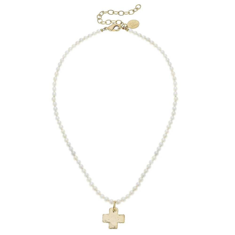 NEW SUSAN SHAW women's cross on freshwater pearl necklace in gold